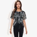  Short Sleeve Floral Print Blouse with Ruffled Hem and Sheer Overlay Casual Summer Top