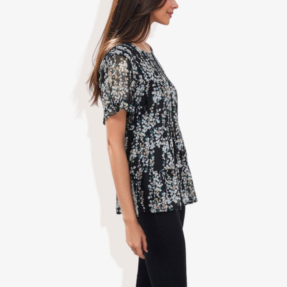 Short Sleeve Floral Print Blouse with Ruffled Hem and Sheer Overlay Casual Summer Top