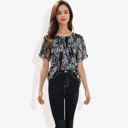  Short Sleeve Floral Print Blouse with Ruffled Hem and Sheer Overlay Casual Summer Top