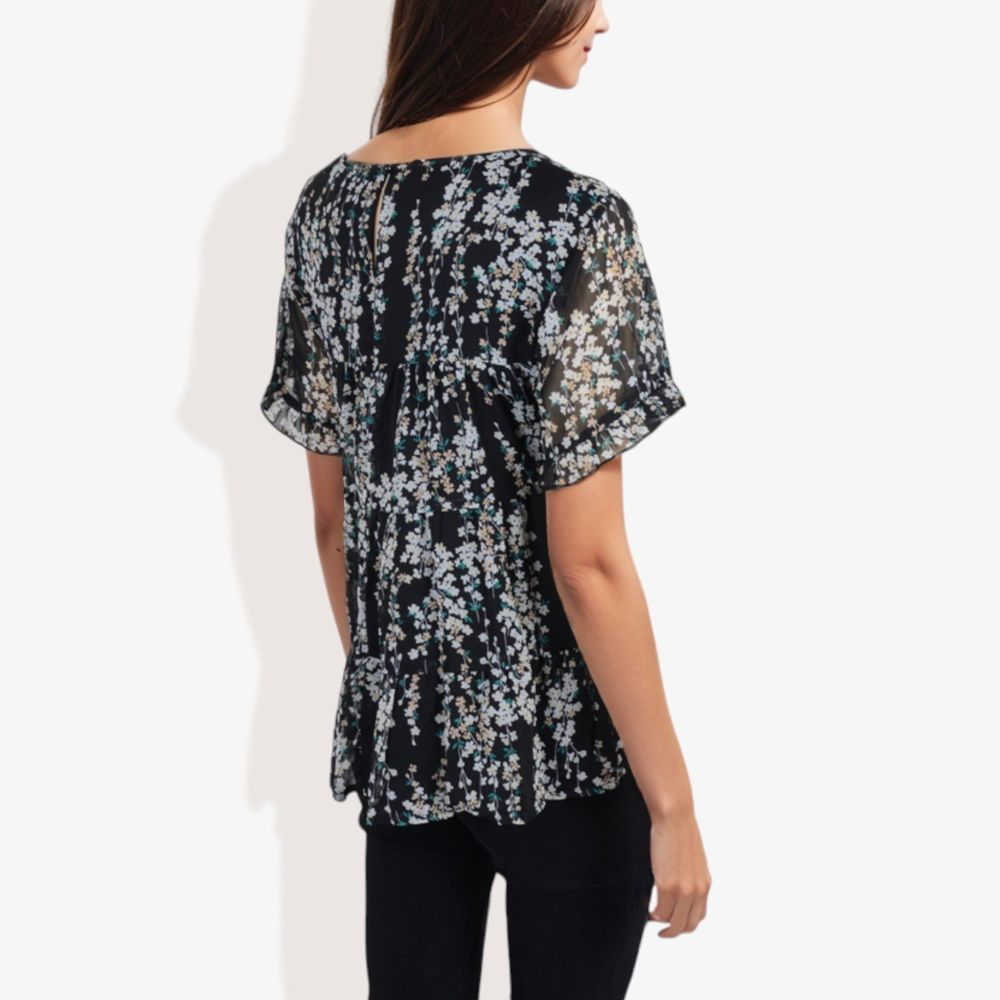 Short Sleeve Floral Print Blouse with Ruffled Hem and Sheer Overlay Casual Summer Top