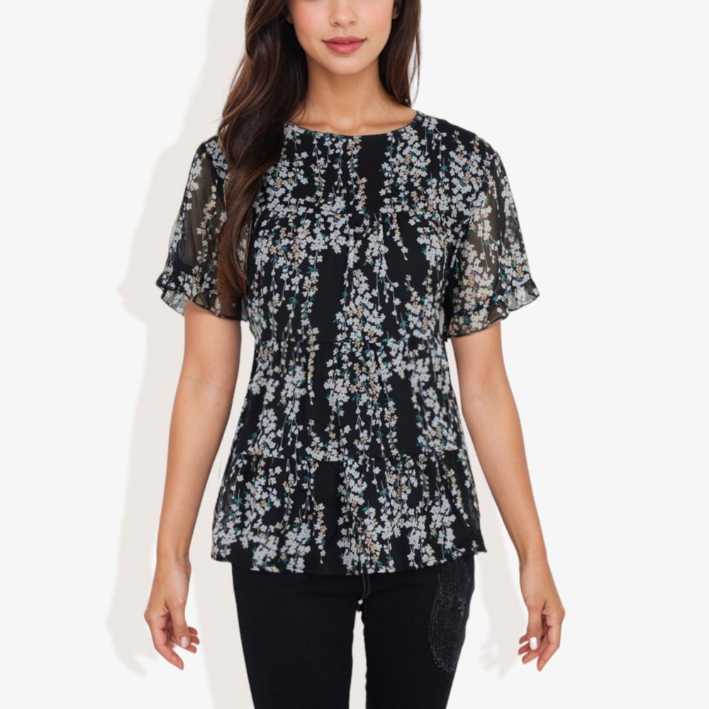 Short Sleeve Floral Print Blouse with Ruffled Hem and Sheer Overlay Casual Summer Top