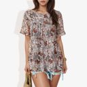 Brown Large Short Sleeve Floral Print Blouse with Ruffled Hem and Sheer Overlay Casual Summer Top