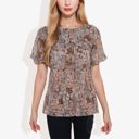 Brown Large Short Sleeve Floral Print Blouse with Ruffled Hem and Sheer Overlay Casual Summer Top