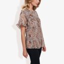 Brown Large Short Sleeve Floral Print Blouse with Ruffled Hem and Sheer Overlay Casual Summer Top