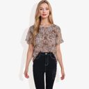 Brown Large Short Sleeve Floral Print Blouse with Ruffled Hem and Sheer Overlay Casual Summer Top