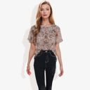 Brown Large Short Sleeve Floral Print Blouse with Ruffled Hem and Sheer Overlay Casual Summer Top