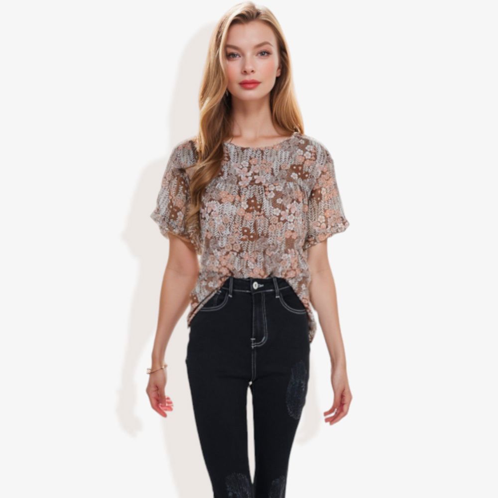 Short Sleeve Floral Print Blouse with Ruffled Hem and Sheer Overlay Casual Summer Top