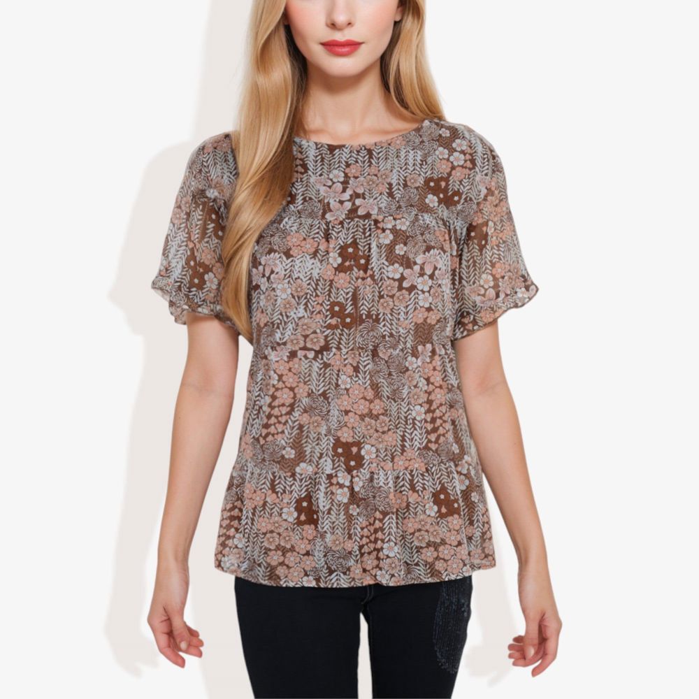 Short Sleeve Floral Print Blouse with Ruffled Hem and Sheer Overlay Casual Summer Top