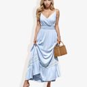 Blue Medium Sleeveless Wrap Midi Dress Smocked Waist Lace Trim