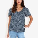 Black XXL V-Neck Floral Print Short Sleeve Casual Top