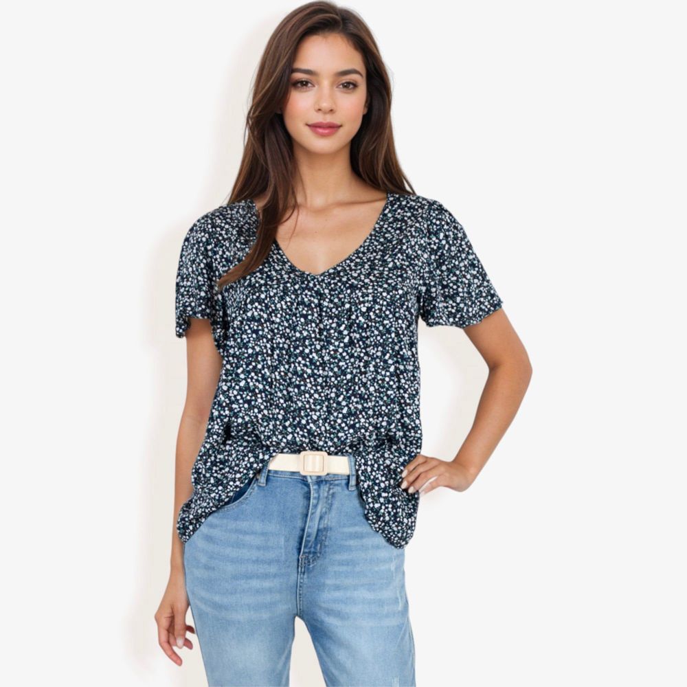 V-Neck Floral Print Short Sleeve Casual Top