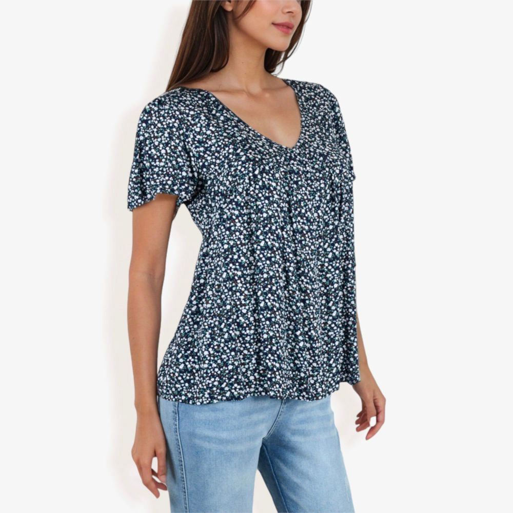 V-Neck Floral Print Short Sleeve Casual Top