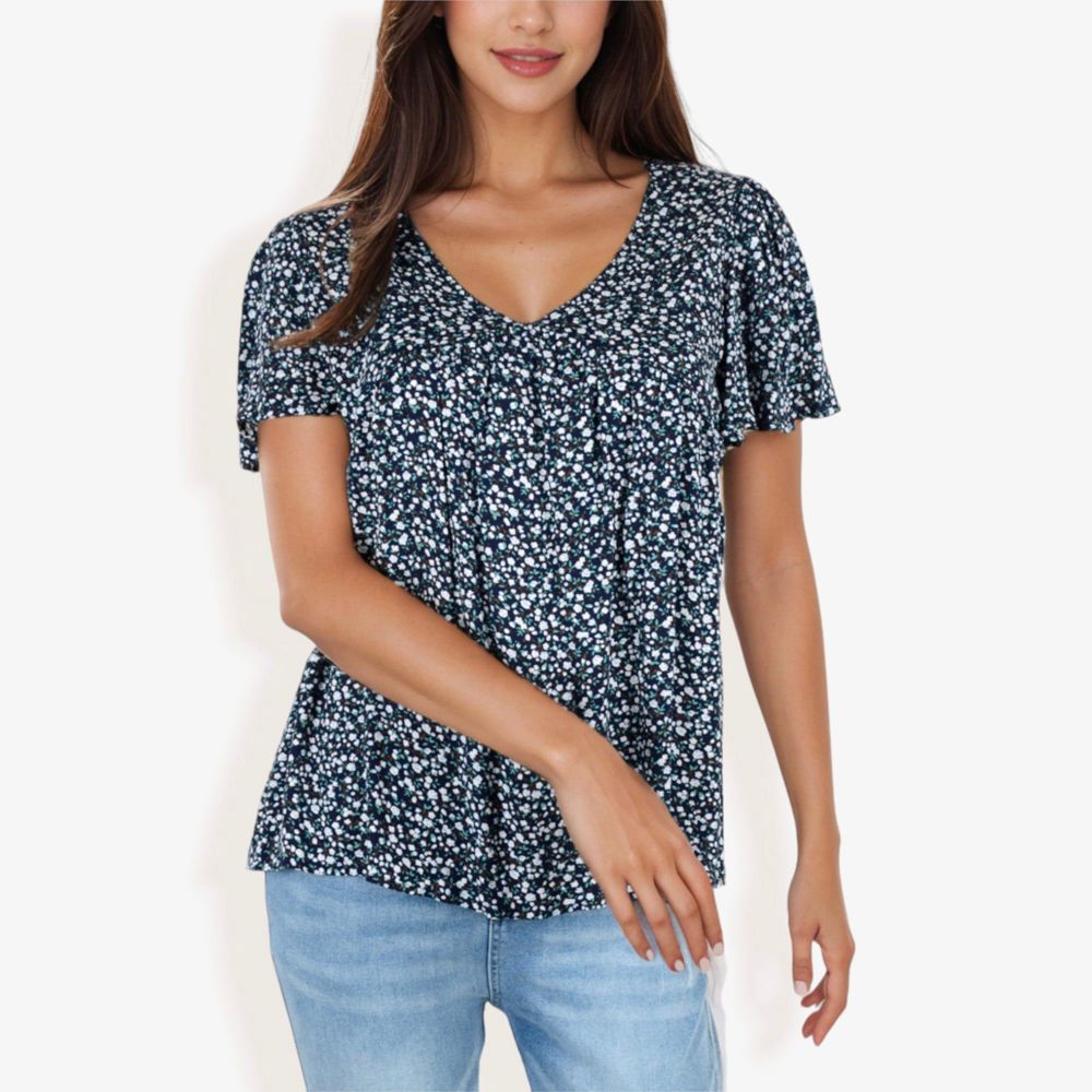 V-Neck Floral Print Short Sleeve Casual Top