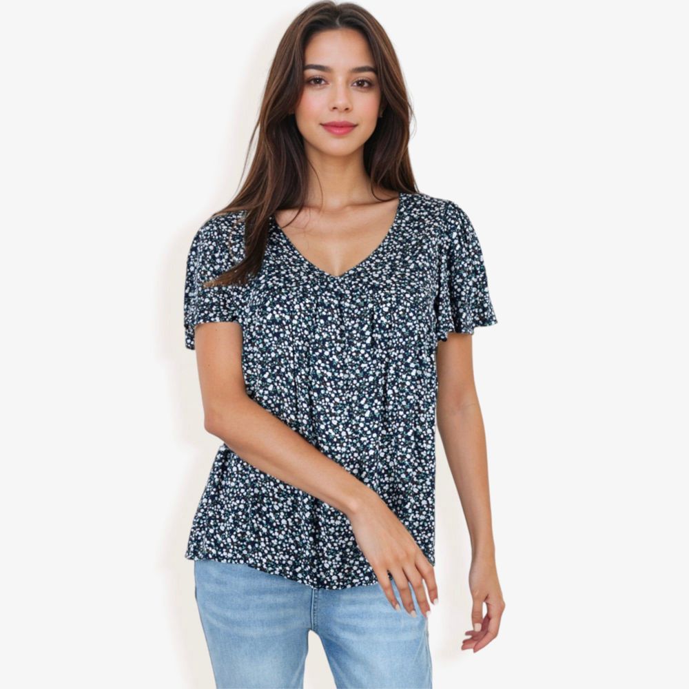 V-Neck Floral Print Short Sleeve Casual Top