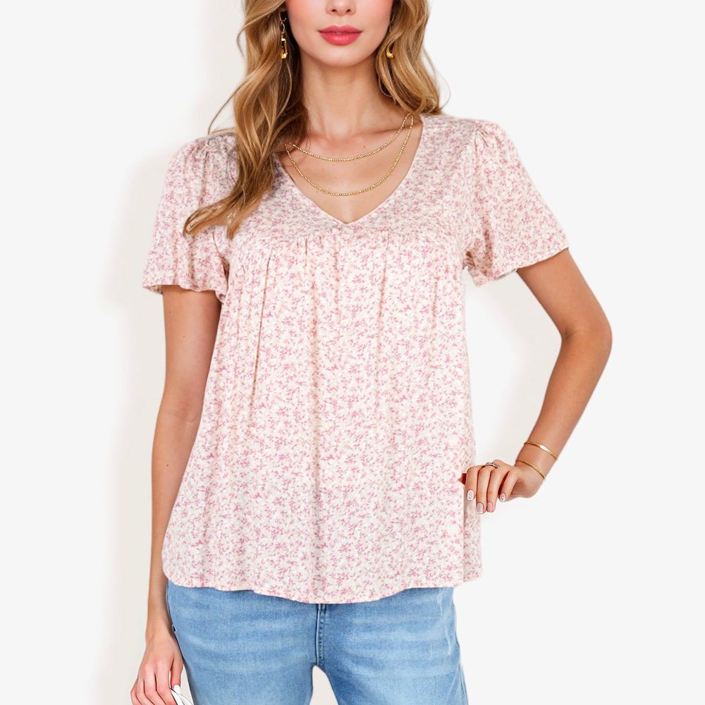 V-Neck Floral Print Short Sleeve Casual Top