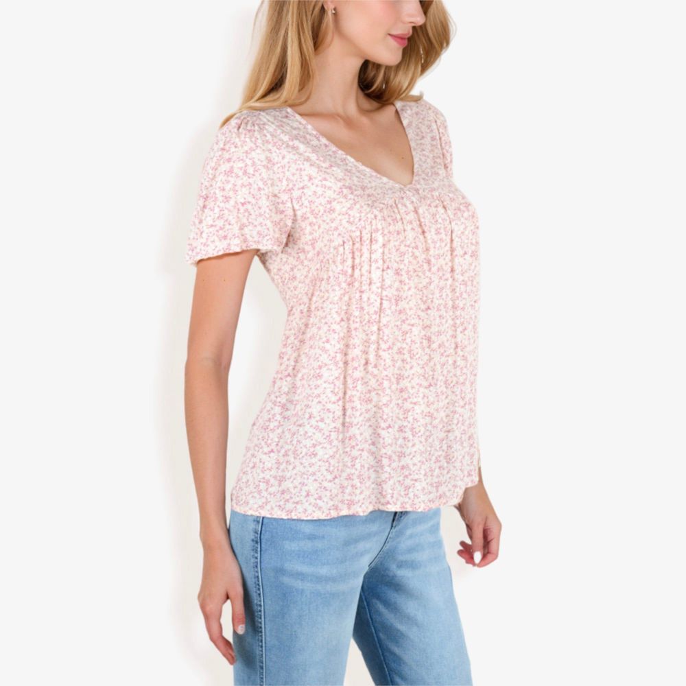 V-Neck Floral Print Short Sleeve Casual Top