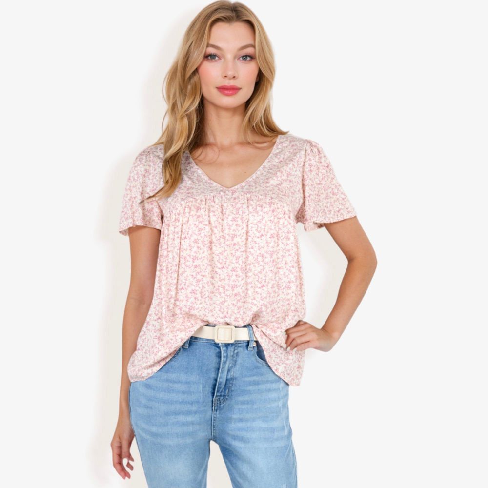 V-Neck Floral Print Short Sleeve Casual Top