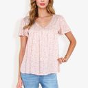 Pink Large V-Neck Floral Print Short Sleeve Casual Top