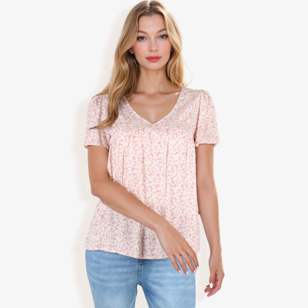 V-Neck Floral Print Short Sleeve Casual Top