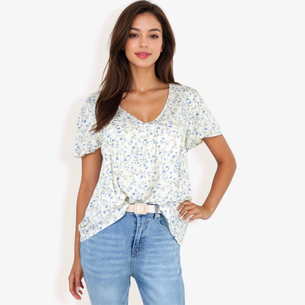 V-Neck Floral Print Short Sleeve Casual Top