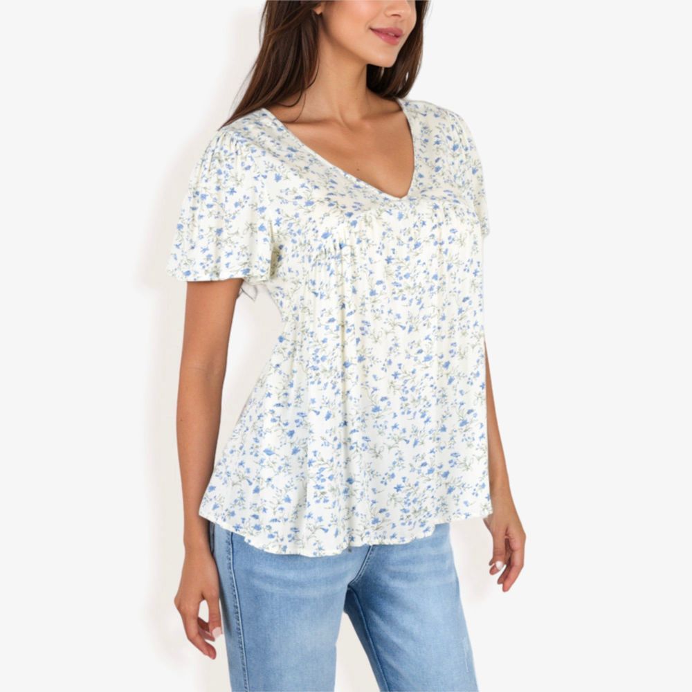 V-Neck Floral Print Short Sleeve Casual Top