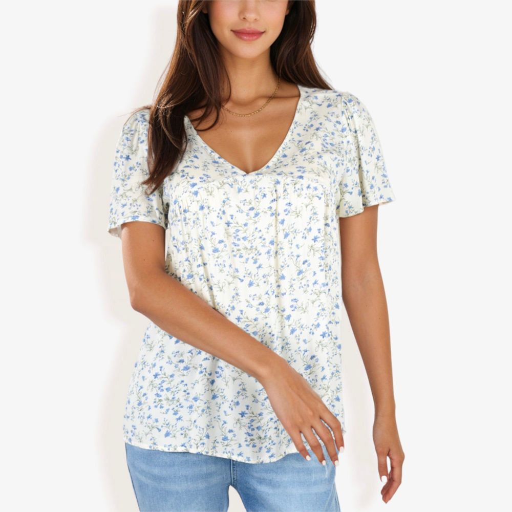 V-Neck Floral Print Short Sleeve Casual Top