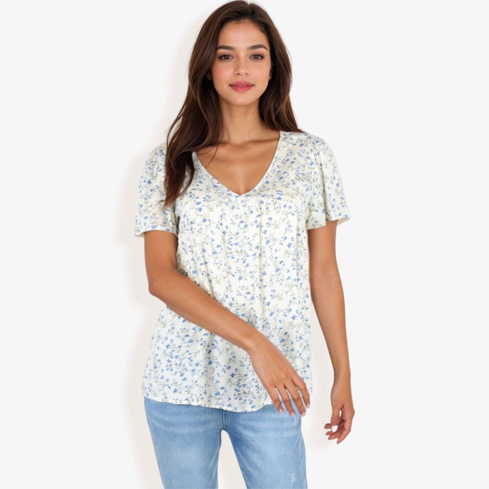 V-Neck Floral Print Short Sleeve Casual Top