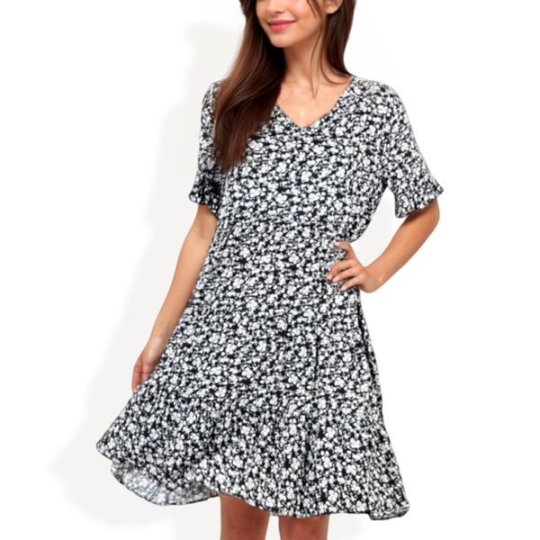 V-Neck Floral Print Ruffle Hem Dress with Short Sleeves