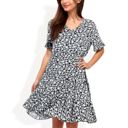 Black XXL V-Neck Floral Print Ruffle Hem Dress with Short Sleeves