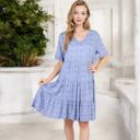 Blue XXL V-Neck Floral Print Ruffle Hem Dress with Short Sleeves