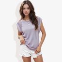  Cap Sleeve Knit Top with Sheer Lace Shoulder Detail and Relaxed Fit Casual T-Shirt