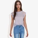  Cap Sleeve Knit Top with Sheer Lace Shoulder Detail and Relaxed Fit Casual T-Shirt