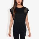 Black XXL Cap Sleeve Knit Top with Sheer Lace Shoulder Detail and Relaxed Fit Casual T-Shirt