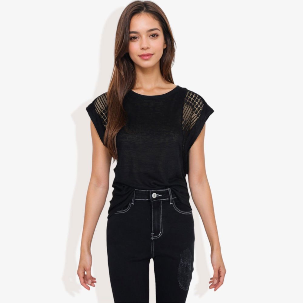 Cap Sleeve Knit Top with Sheer Lace Shoulder Detail and Relaxed Fit Casual T-Shirt