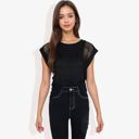 Black XXL Cap Sleeve Knit Top with Sheer Lace Shoulder Detail and Relaxed Fit Casual T-Shirt