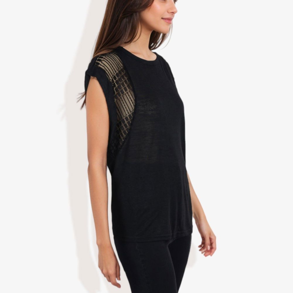 Cap Sleeve Knit Top with Sheer Lace Shoulder Detail and Relaxed Fit Casual T-Shirt