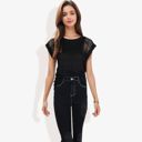 Black XXL Cap Sleeve Knit Top with Sheer Lace Shoulder Detail and Relaxed Fit Casual T-Shirt