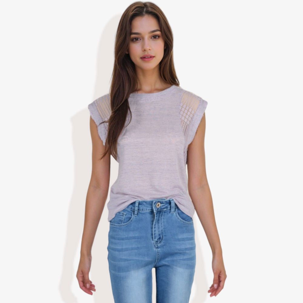 Cap Sleeve Knit Top with Sheer Lace Shoulder Detail and Relaxed Fit Casual T-Shirt