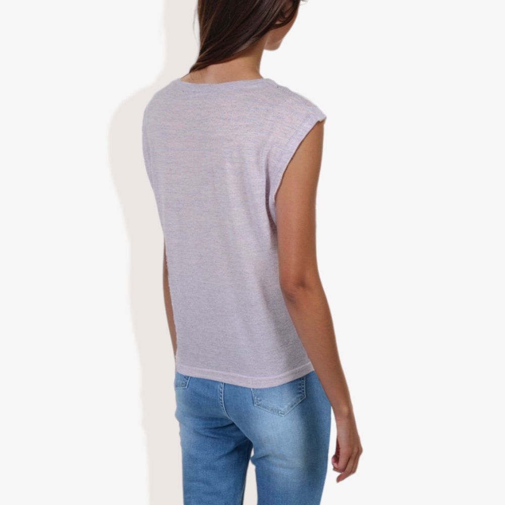 Cap Sleeve Knit Top with Sheer Lace Shoulder Detail and Relaxed Fit Casual T-Shirt