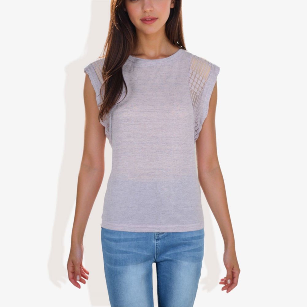 Cap Sleeve Knit Top with Sheer Lace Shoulder Detail and Relaxed Fit Casual T-Shirt