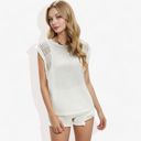 White XXL Cap Sleeve Knit Top with Sheer Lace Shoulder Detail and Relaxed Fit Casual T-Shirt