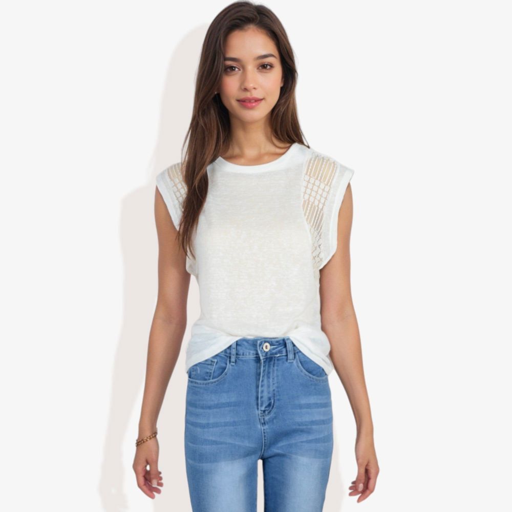 Cap Sleeve Knit Top with Sheer Lace Shoulder Detail and Relaxed Fit Casual T-Shirt