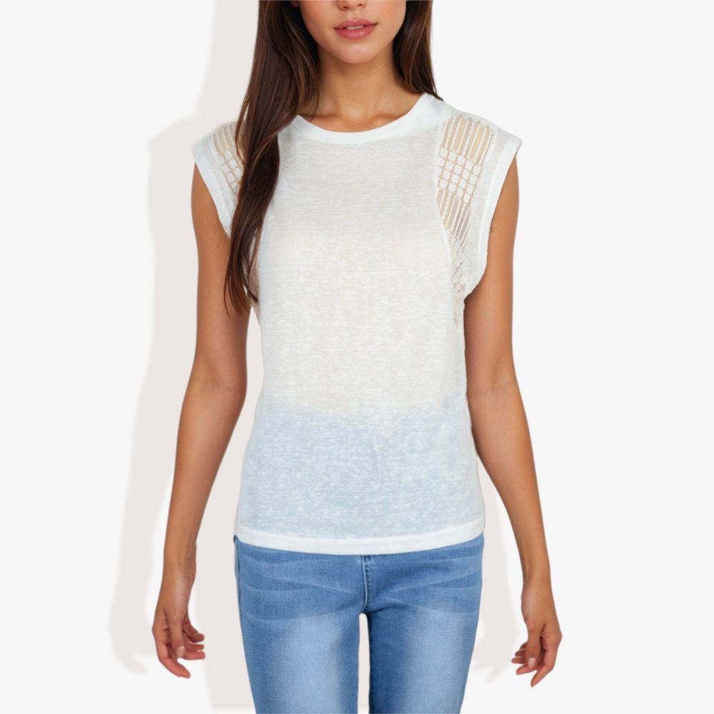 Cap Sleeve Knit Top with Sheer Lace Shoulder Detail and Relaxed Fit Casual T-Shirt