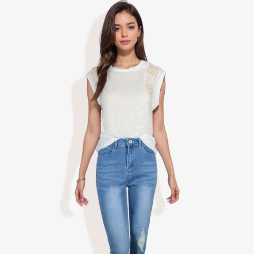 Cap Sleeve Knit Top with Sheer Lace Shoulder Detail and Relaxed Fit Casual T-Shirt