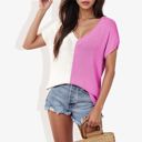  V-Neck Short Sleeve Knit Sweater Top with Color Block Design Casual Loose Fit Pullover