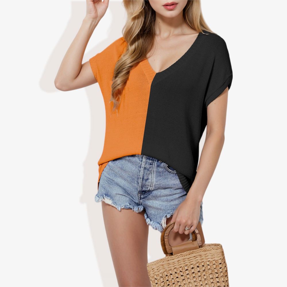 V-Neck Short Sleeve Knit Sweater Top with Color Block Design Casual Loose Fit Pullover