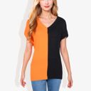 Black Large V-Neck Short Sleeve Knit Sweater Top with Color Block Design Casual Loose Fit Pullover