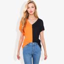 Black Large V-Neck Short Sleeve Knit Sweater Top with Color Block Design Casual Loose Fit Pullover