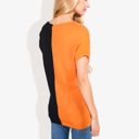 Black Large V-Neck Short Sleeve Knit Sweater Top with Color Block Design Casual Loose Fit Pullover