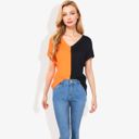 Black Large V-Neck Short Sleeve Knit Sweater Top with Color Block Design Casual Loose Fit Pullover